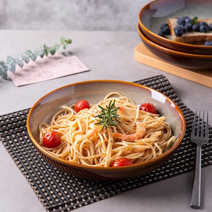 LERATIO Large Pasta Bowls,38oz Ceramic Pasta Bowls,9.0" Reactive Glaze Pasta Bowl Set of 4,Microwave & Dishwasher,Oven Safe,Wide Serving Bowls for Salad,Pasta,Fruit,Scratch Resistant-Khaki