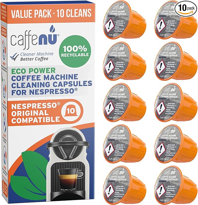 Nespresso Compatible Cleaning Pods. 10 Cleaner Capsules. Improved Coffee Flavor. For Nespresso Originaline, Use with Descaling Kit.