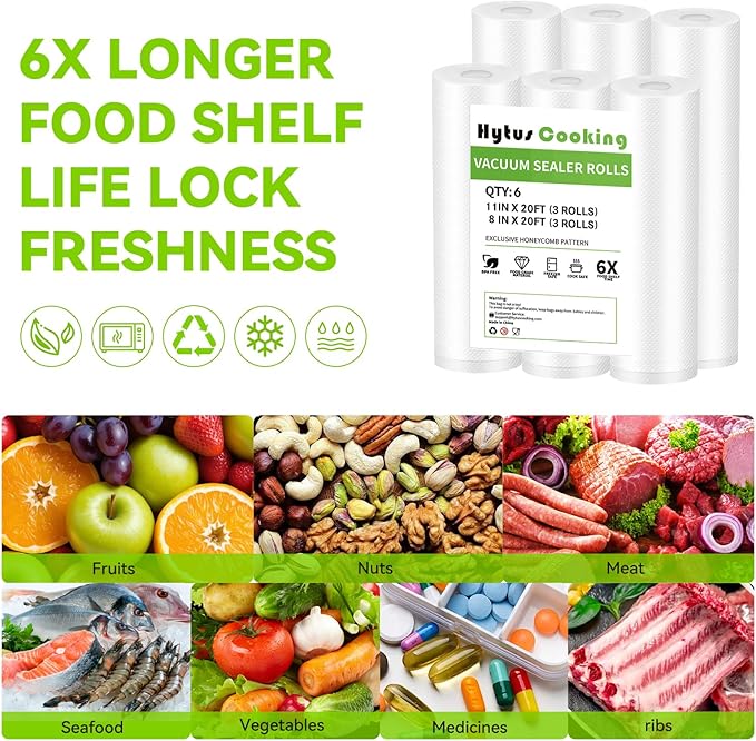HytusCooking [6 Pack] Vacuum Sealer Bags Rolls, 3 Rolls 11" x 20' & 3 Rolls 8" x 20', Heavy Duty Multi-Layer Commercial Grade Food Storage Bags for Sous Vide, Meal Prep [BPA-Free]