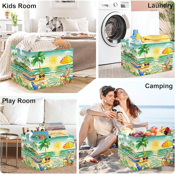 Summer Tropical Beach Storage Basket Collapsible Clothes Kid Laundry Hamper Palm Tree Large Picnic Basket Boy Girl Book Toy Box Bin, Green, 36L