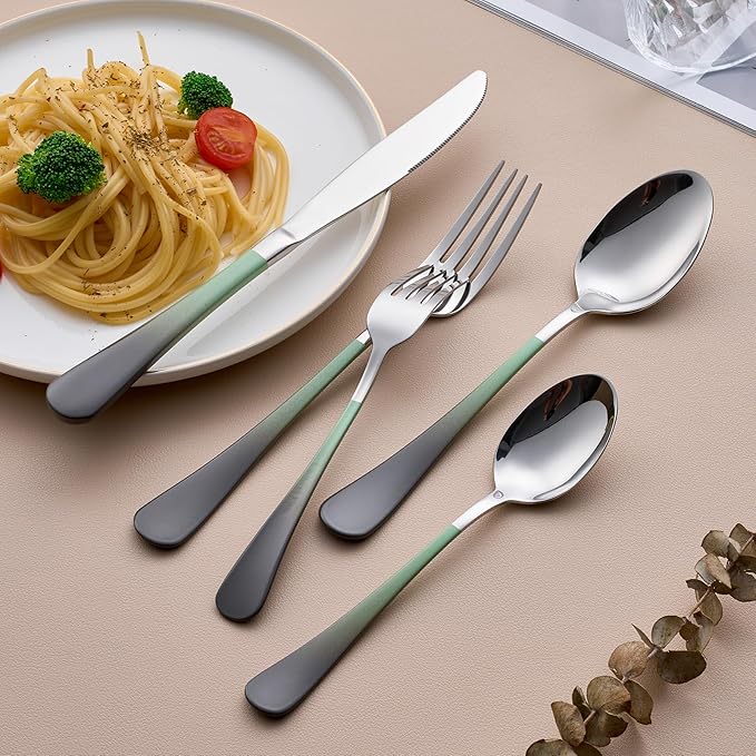 20-Piece Green and Gray Silverware Set for 4, 18/0 Stainless Steel Flatware Cutlery Utensils Set, Include Dinner Knives,Dinner Forks,Dinner Spoons,Salad Forks,Teaspoons,Dishwasher Safe