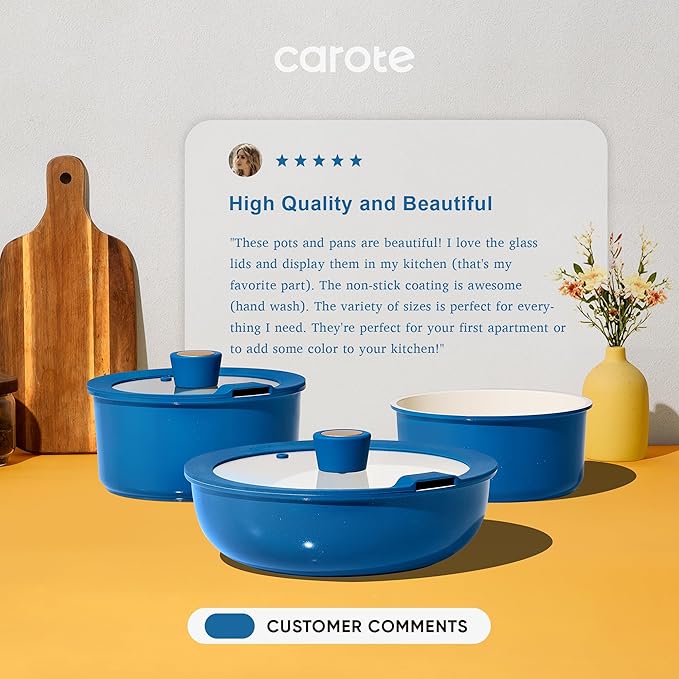 CAROTE 15Pcs Ceramic Cookware Set, Pots and Pans Set Non stick, Non Toxic Cookware Detachable Handle, Induction Cookware, Dishwasher/Oven Safe, RV/Camping, PFAS Free, Blue&Gold