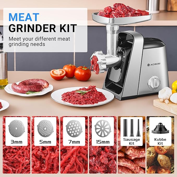 AAOBOSI #8 Meat Grinder, 6-In-1 Meat Grinder Electric [3000W Max] with 4 Slice, Shred Blades,2 Grinding Blades,4 Plates, 3 Sausage Stuffer,Kubbe Kit, Burger Press, 2 Meat Claws, for Home Kitchen Use