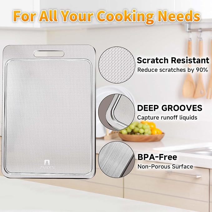 100% Pure Titanium Cutting Board with Groove, Scratch Resistant Chopping Board with Non-slip Pad for Kitchen, Titanium Cutting Boards for Vegetables and Meat, Dishwasher safe
