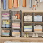 4-Tier Stackable Closet Organizers and Storage Basket, Shelves with Wood Top, Foldable Clothes Storage Bin/Cube Drawer Organizer for Wardrobe, Space-Saving, Closet Organization,Black(Patent Pending) ﻿