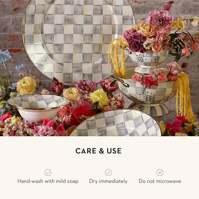 MACKENZIE-CHILDS Enamel Colander, Decorative Kitchen Strainer, Large, Gray-and-White Sterling Check