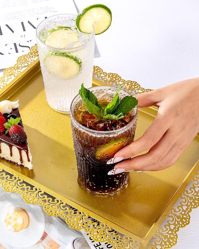 Ciaell 12 Pack Romantic Plastic Water Glasses - 14 Oz Clear Vintage Drinking Glasses, Embossed Ribbed Plastic Cups, Textured Striped Drinkware Set for Juice, Beverages, Beer, Cocktail