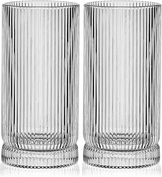 Ribbed Highball Glasses 16 oz - Set of 4 Vertical Drinking Glassware - Fits For Home Bars, Offices, or Restaurants - Water Glass Cups Dishwasher Safe
