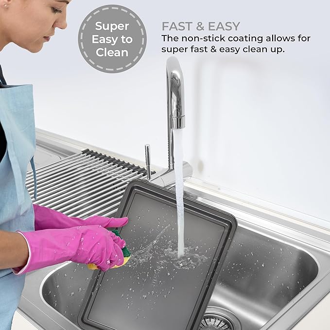 PERLLI Non-Stick 3-Piece Baking Pan Set, BPA-Free Gray Carbon Steel Bakeware Set, Stackable Kitchen Oven Set, Cookie Sheet, Baking Tray, Baking Sheet Set, Oven Safe (446°F)