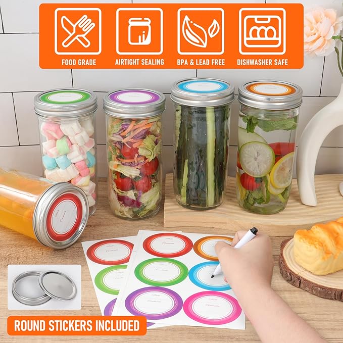 24 oz Wide Mouth Mason Jars 8 Pack, Glass Tall Mason Jars with Airtight Lids and Bands for Canning, Preserving, Fermenting, Pickling, DIY Projects