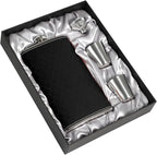 Flask For Men,350ml/12oz Hip Flask, 304 Food Grade Stainless Steel,2 Cups And Funnel Portable Gift Bbox For Whiskey Rum Groomsman Best Man Usher Wedding-Leather Rhomboid Stripe Black