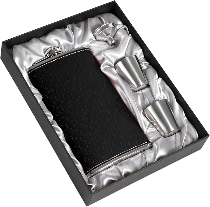 Flask For Men,350ml/12oz Hip Flask, 304 Food Grade Stainless Steel,2 Cups And Funnel Portable Gift Bbox For Whiskey Rum Groomsman Best Man Usher Wedding-Leather Rhomboid Stripe Black