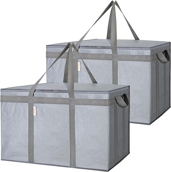 BALEINE 2Pk Insulated Reusable Grocery Bags, Collapsible Cooler Bag for Groceries, Heavy Duty Large Insulated Bag (24''x14''x15'', Urban Gray)