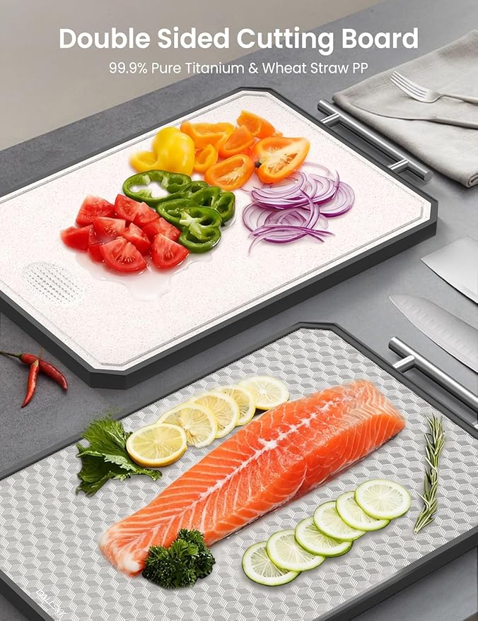 Cutting Board for Kitchen, Non Toxic Titanium Cutting Board, Double-Sided Metal Chopping Board with Juice Groove, Cutting Boards for Meat, Vegetables and Fruits, Dishwasher Safe Large 16”×11”