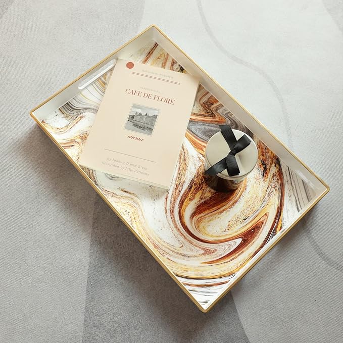 White Marbling Decorative Tray with Handles, Morden Plastic Rectangular Serving Tray for Coffee Table Bathroom, Ottoman, Home Decor, 15.7"* 10.2"* 1.38"