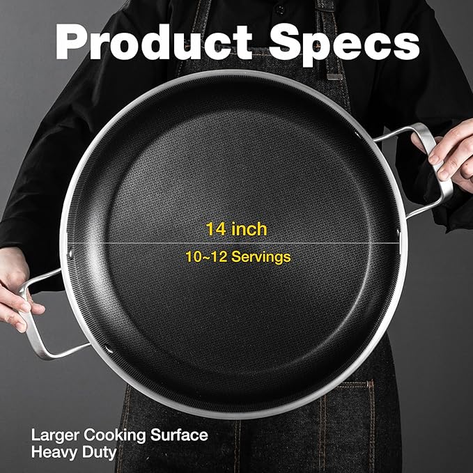 Tri-Ply 14.5 Inch Stainless Steel Paella Pan,12 Servings Paella Pan with Lid,18/10 Nonstick Large Skillet,Jumbo Cooker,Induction Pan,Skillets,for Outdoors,Camping,Parties
