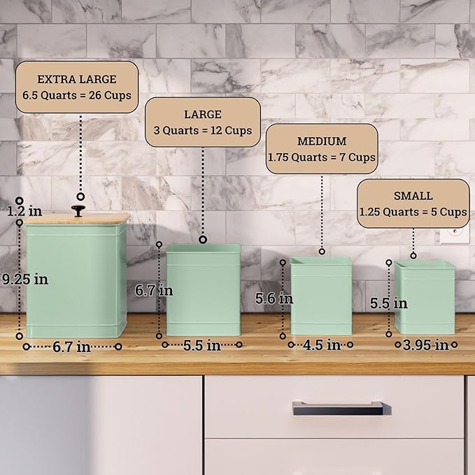 Kitchen Canisters for Countertop Set of 4 with Customizable Chalkboard Labels & Marker Pen - Big Iron Kitchen Canisters with Airtight Lids - Sage Green Canister Set - Flour and Sugar Containers