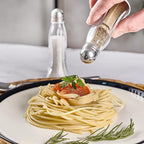 Salt and Pepper Shakers Glass Set, Clear Curved Design, Classic Restaurant Style, Glass Body with Stainless Steel Lids, 4.7 in