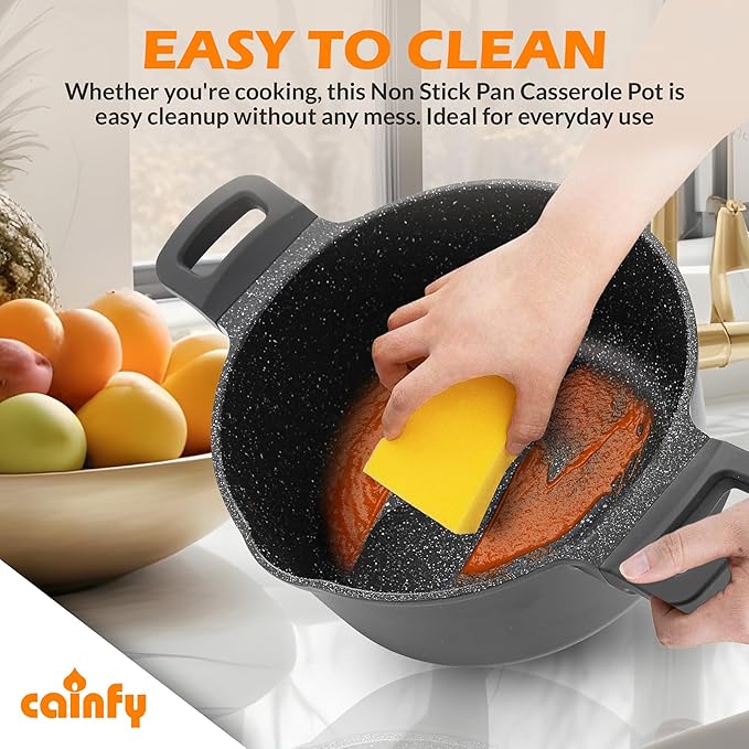 11 Inch Non Stick Pan Casserole Pot with Lid & Pour Spout - Lightweight 6.84 Quart Granite Coated Soup Pot Comfort Grip Handle - Induction Compatible PFOA Free Non Stick Cookware (Black)