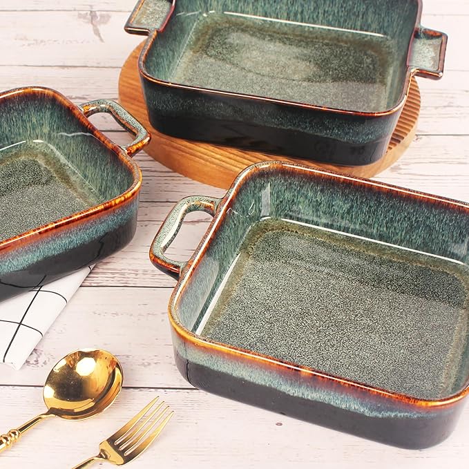 7" x 7" Porcelain Square Casserole Dishes, 2 pieces Baking Dish for Oven, 32 OZ Ceramic Lasagna Pans, Oven Safe Bakeware for Kitchen Cooking, Cake, Banquet and Dinner