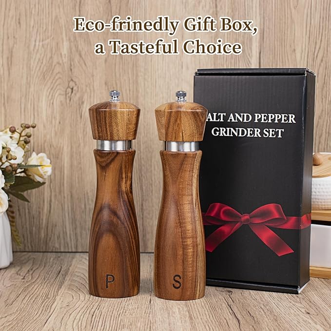 2 Pack Acacia Wood Salt and Pepper Grinder Set, Wooden Salt and Pepper Mill Set Salt and Pepper Shaker Tableware Birthday Gifts Ceramic Core-8 Inch