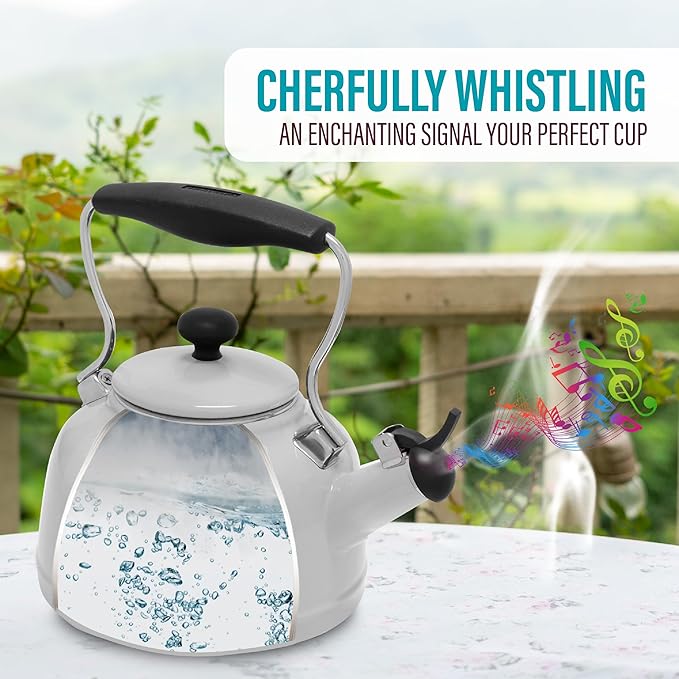 Chantal Tea Kettle, 1.7 QT, Vintage Series, Premium Enamel on Carbon Steel, Whistling, Even Heating & Quick Boil (White)