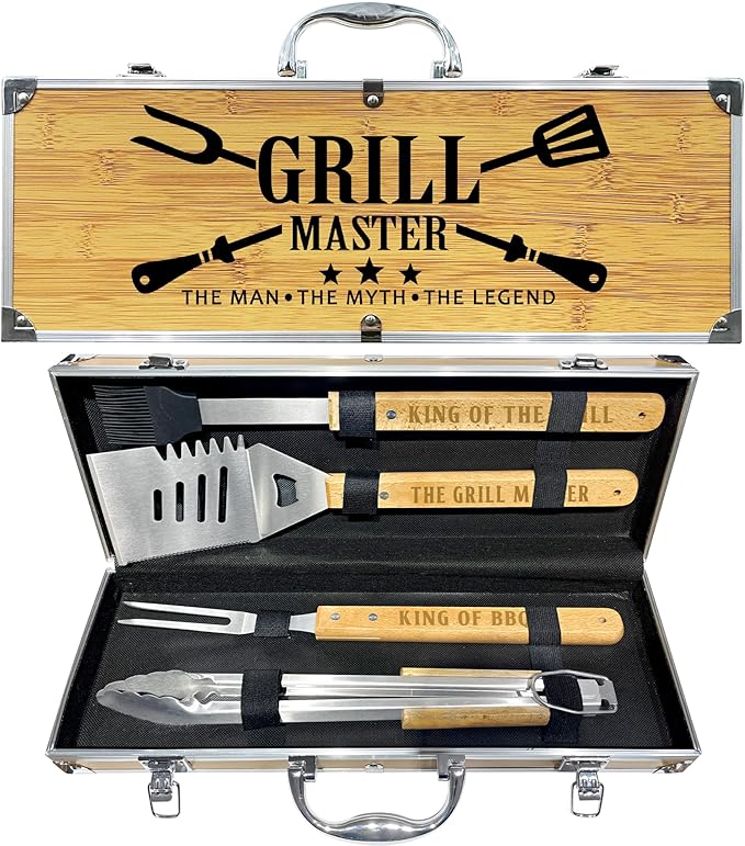 Grilling Accessories, Grilling Gifts for Men, Birthday Gift for Dad, Heavy Duty Wooden BBQ Grill Accessories Kit, Thick Stainless Steel Grill Utensils with Non-Slip Handle Tools in Portable Bag