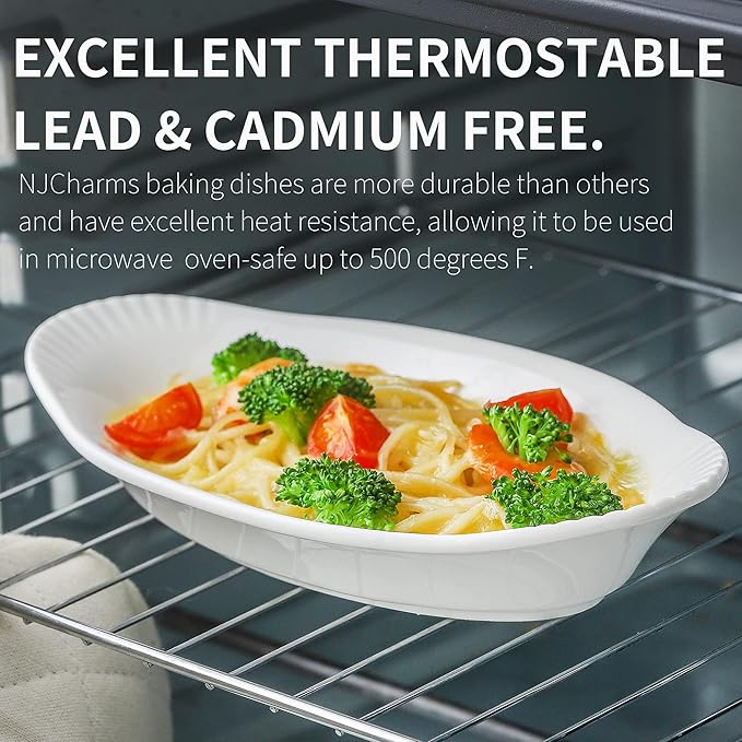 NJCharms Oval Au Gratin Baking Dishes for Oven Safe and Microwave Cooking, White Porcelain Small Mini Casserole Dish, 9 Inch, Set of 6