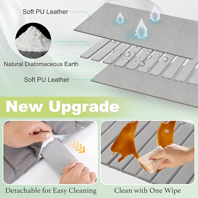 Stone Drying Mat for Kitchen Counter Foldable, Stain-Resistant PU Leather, Absorbent Diatomaceous Earth Bath Mat, Collapsible Quick Dry Stone Dish Drying Mat Large for Countertop 23" x 15.3"