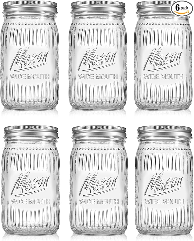 6 Pack 32 oz Vintage Style Wide Mouth Mason Jars - Heavy Duty Glass Storage Jars with Airtight & Leak Proof Lids for Pickling, Canning, Food Storage, Flour, Sugar, Pasta, Oats & DIY Projects