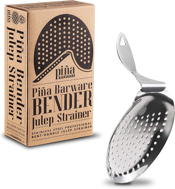 Bent Handle Julep Strainer - Stainless Steel Commercial Cocktail Strainer Piña Barware (One Strainer, Polished Finish)