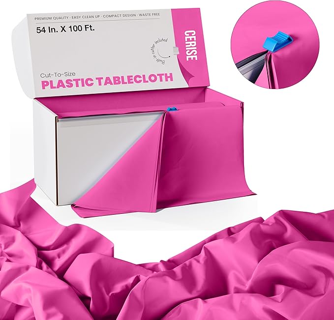 Exquisite Party Solids 54 Inch X 100 Feet Cerise Plastic Table Cover Roll in A Cut - to - Size Box with Convenient Slide Cutter. Cuts Up to 12 Rectangle 8 Feet Plastic Disposable Tablecloths
