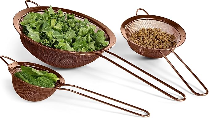Strainer Set Fine Mesh – Premium 304 Stainless Steel (18/8) – 8″, 5.5″ and 3.3″ Sturdy Kitchen Strainers (Copper)