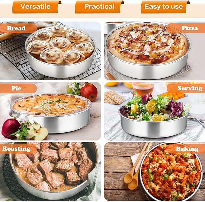 P&P CHEF Cake Pan Set of 4, Stainless Steel Baking Round Cake Pans Tins Bakeware for Birthday Wedding, Leak-proof & Easy Clean, Mirror Finish & Easy Releasing, 8 Inch