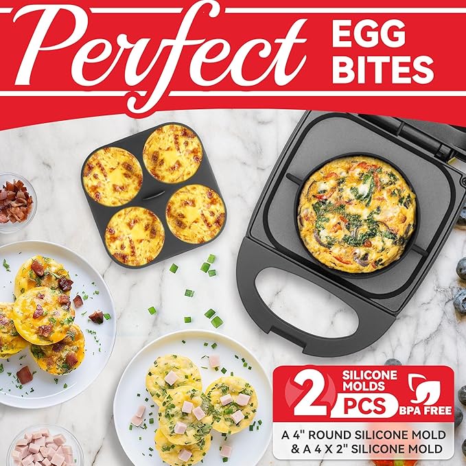 Egg Bite Maker with 2 Silicone Egg Molds for Breakfast Sandwiches, Breakfast Maker, Omelet Pan, Healthy Snacks or Desserts, Black