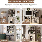 72" Farmhouse Bar Cabinet with Sliding Barn Door, Tall Kitchen Buffet with Storage Hutch and 3 Drawer, Rustic Coffee Wine Bar Sideboard with Wine & Glasses Rack, for Living Room, Washed Grey