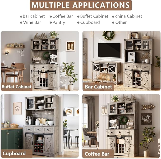 72" Farmhouse Bar Cabinet with Sliding Barn Door, Tall Kitchen Buffet with Storage Hutch and 3 Drawer, Rustic Coffee Wine Bar Sideboard with Wine & Glasses Rack, for Living Room, Washed Grey