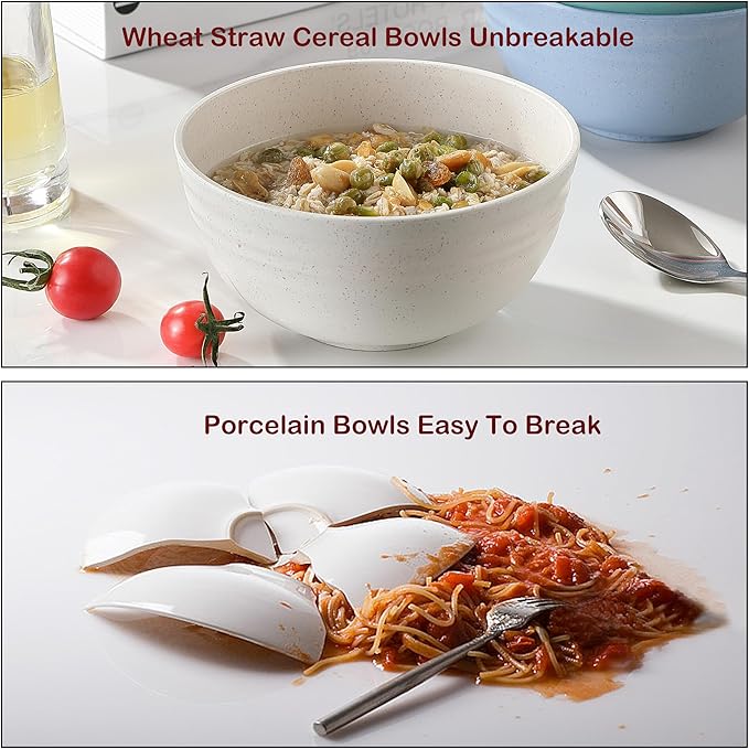 8PCS Cereal Bowl, Ohola Unbreakable Wheat Straw Cereal Bowls, Microwave & Dishwasher Safe Kitchen Bowls for Cereal, Snack, Soup, Salad and Rice, MultiColors, BPA Free, 26oz (Ser of 8)