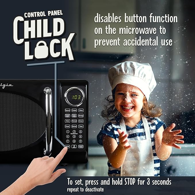 Nostalgia Retro Microwave Oven 0.7 Cu Ft, 700-Watt Countertop Size with Glass Turntable, Child Safety Lock, 8 Auto-Cook Programs, Digital Clock, Black