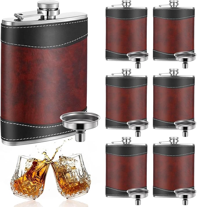 6 Pcs 8 oz Leather Hip Flasks for Liquor for Men Leak Proof Stainless Steel Drinking Flasks Bulk Soft Wrap Whiskey Flask with Funnel for Wedding Bridesmaid Christmas Gifts, Leather Brown