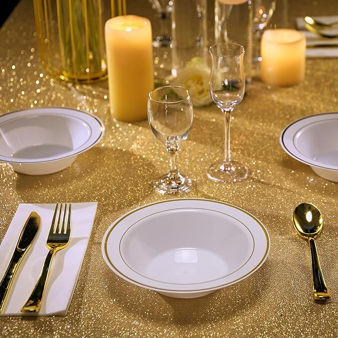 JOLLY PARTY 100PCS Plastic Bowls with Gold Rim-12oz disposable Soup Bowls, Christmas Thanksgiving Premium Dessert Salad Bowls for Wedding/Party