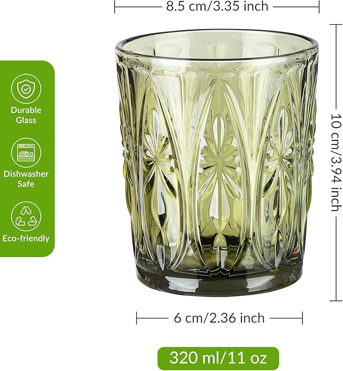 Joeyan Green Vintage Drinking Glasses,Embossed Small Water Glass Tumbler with Floral Design,11oz Colored Decorative Glassware for Beverages Juice Whisky Cocktail Beer Wine,Set of 6,Dishwasher Safe
