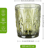 Joeyan Green Vintage Drinking Glasses,Embossed Small Water Glass Tumbler with Floral Design,11oz Colored Decorative Glassware for Beverages Juice Whisky Cocktail Beer Wine,Set of 6,Dishwasher Safe
