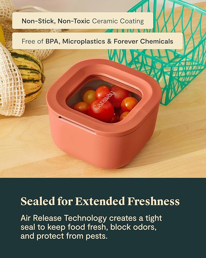 Caraway Mini Square Food Storage Container - 1.75 Cup Glass Storage Container for Food - Non-Toxic Ceramic-Coated Glass - Air Release Technology - Compact & Stackable Design - Perracotta