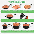 NutriChef 14-Piece Nonstick Kitchen Cookware Set – PFOA/PFOS-Free, Copper/Hard-Anodized, Induction Compatible, Stackable, Luxury Design, Includes Pots, Pans, Jumbo Cooker, Griddle, and Utensils