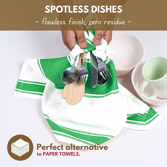 Native Fab Green Kitchen Towels 18 x 28 Inch, 4 Pack, Wide Stripe, Super Absorbent, Fast Dry, Soft, Cotton Dish Towels for Wiping Hands, Drying Dishes, Counter Cleaning Dish Cloth Set - Green