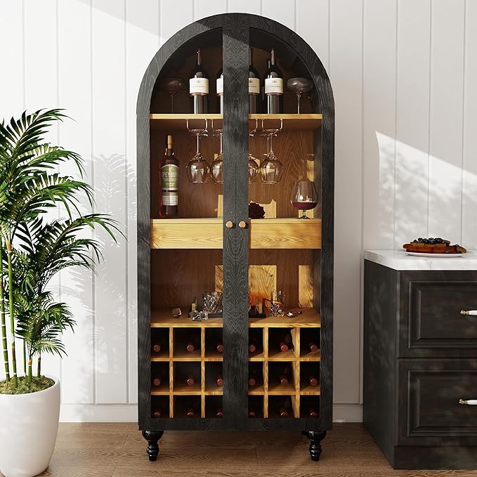 71" Wine Bar Cabinet, Arched Storage Cabinets with Door, Whiskey Station with Wine Rack and Glass Holder, Liquor Bar Cabinet for Home Kitchen Living Dining Room (Black)