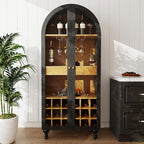 71" Wine Bar Cabinet, Arched Storage Cabinets with Door, Whiskey Station with Wine Rack and Glass Holder, Liquor Bar Cabinet for Home Kitchen Living Dining Room (Black)