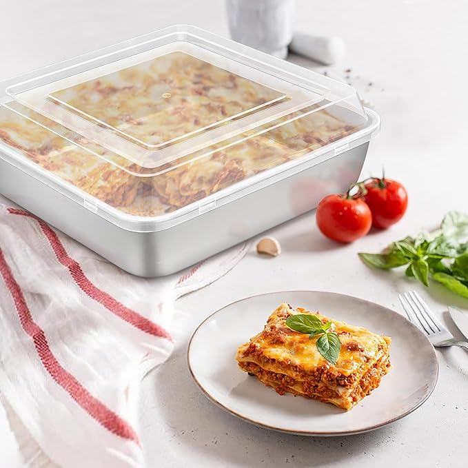 Herogo Baking Pan with Lid, 9''x 9'' Stainless Steel Nonstick Square Deep Cake Pan, Rectangle Cakes Bakeware for Brownies Casseroles, Non Toxic & Dishwasher Safe, Set of 4