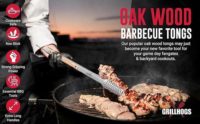9" Tongs 18/0 Stainless Steel BBQ Grill Tongs with Ergonomic Real Oak Wood Handle for Cooking - Durable Grilling Accessory, Tongs for Cooking & Kitchen, Outdoor Barbecue, Easy to Clean